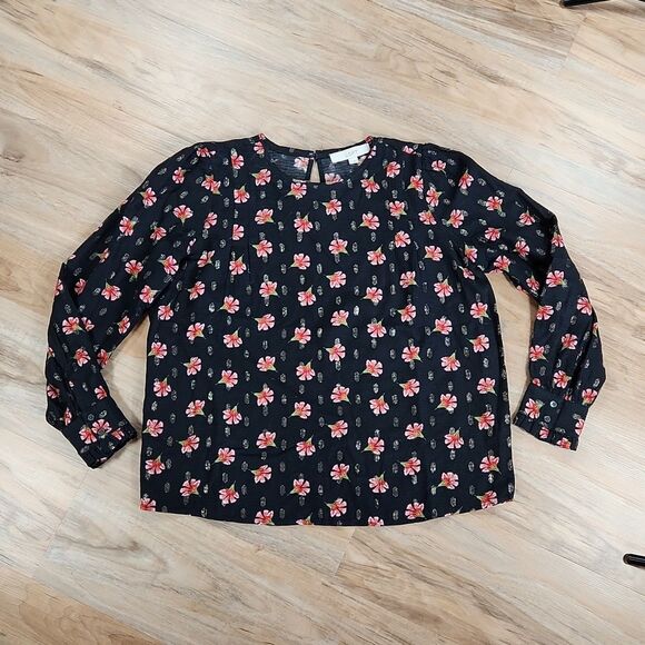 🔺️Loft Black & Red Floral Print & Metallic Gold Long Sleeve Top Small - Picture 5 of 11